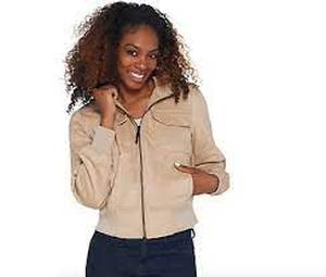 lot 56520 image: G.I.L.I. Faux Suede Bomber Jacket (Soft Fawn, Reg 16)