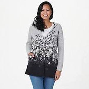 lot 56521 image: Cuddl Duds Fleecewear Stretch Floral Dip-Dye Hooded Wrap (BlackGrey, Size 1X)