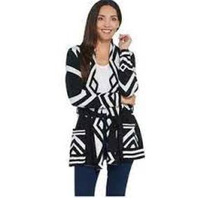 lot 56522 image: Dennis Basso Jacquard Belted Cardigan Sweater (BlackIvory, X-Large)