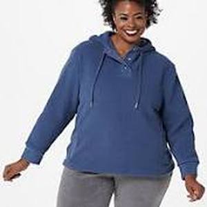 lot 56523 image: Koolaburra by UGG Brushed Back Sherpa Pullover Hoodie (Dusty Blue, X-Large)