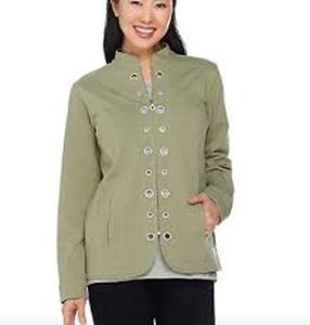 lot 56525 image: Quaker Factory DreamJeannes Glam Grommet Jacket Shirt (Moss, Medium)
