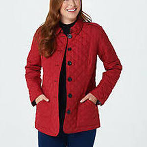 lot 56528 image: Joan Rivers Quilted Barn Jacket with Printed Lining (Red, 1X)