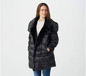 lot 56531 image: Martha Stewart Metallic Puffer Coat with Faux Fur Details (Francesca Black, Size 2X)