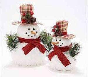 lot 56549 image: Set of 2 Fuzzy Snowmen with Plaid Hats by Valerie