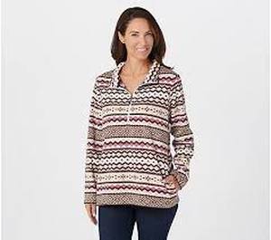 lot 56559 image: Denim & Co. Printed Fleece Long Sleeve Half Zip Pullover Top (Navy Multi, Large)