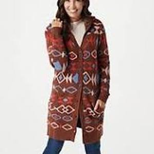 lot 56560 image: Denim & Co. Jacquard Button-Front Sweater Cartigan (Saddle Brown, Medium)