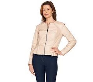 lot 56563 image: G.I.L.I Peplum Faux Leather Zip Front Jacket (Cappuccino, Reg 10)