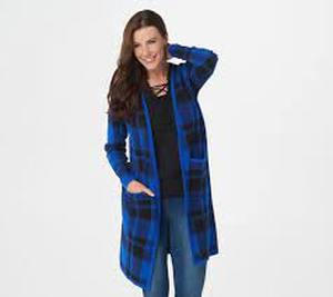 lot 56568 image: Denim & Co. Plaid Jacquard Open-Front Cardigan (Bright Royal Blue, Medium)