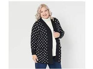 lot 56575 image: Isaac Mizrahi Live Polka-Dot Jacquard Long-Sleeve Cardigan (Black, 3X)