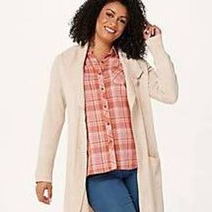 lot 56578 image: Isaac Mizrahi Live Shawl Collar Long Cardigan with Pockets (Oatmeal Heather, Medium)