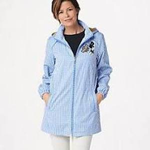 lot 56584 image: Dennis Basso Water Resistant Gingham Anorak with Embellishment (BlueWhite, Small)