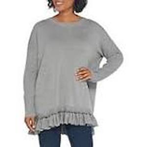 lot 56586 image: Lisa Rinna Collection Round Neck Ruffle Flounce Sweater (Light Heather Grey, Size 1X)