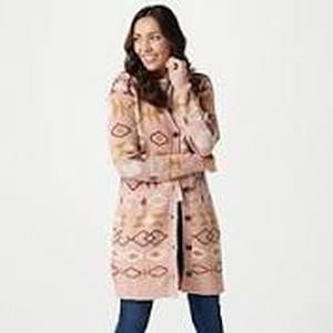 lot 56587 image: Denim & Co. Jacquard Button-Front Sweater Cartigan (Misty Rose, X-Small)