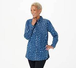 lot 56595 image: G.I.L.I Printed Denim Button-Front Top (Medium Wash, Size 2X)