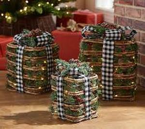 lot 56629 image: Set of 3 Illuminated Pine and Country Check Presents by Valerie Red Black