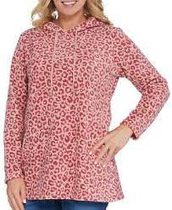 lot 56644 image: Denim & Co. Regular Animal Print Fleece Tunic w Hood and Pockets Pale Mauve - X-Large