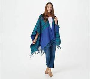 lot 56686 image: Isaac Mizrahi Livel Mixed Plaid Reversible Ruana Navy Green