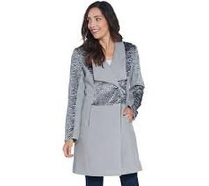 lot 56718 image: H by Halston Shawl Collar Coat with Faux Fur Heather Graphite - Regular 10