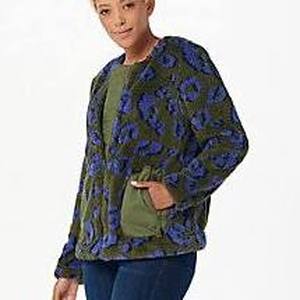 lot 56723 image: LOGO by Lori Goldstein Leopard Sherpa Jacket Kalamata - 1X
