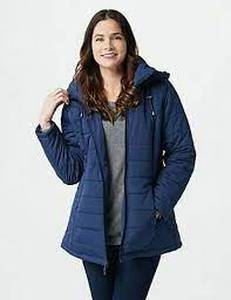 lot 56725 image: Denim & Co. Zip Front Puffer Jacket with Detachable Hood Navy Size 2X