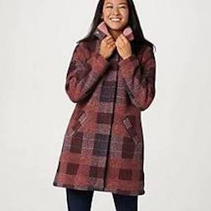 lot 56730 image: Denim & Co. Plaid Print Sherpa Lined Fleece Zip & Snap Front New Antique Rose - Small