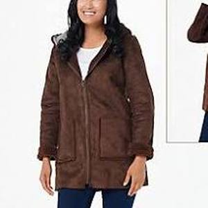 lot 56731 image: Denim & Co. Reversible Faux Suede to Sherpa Zip Front Coat Chocolate- XL