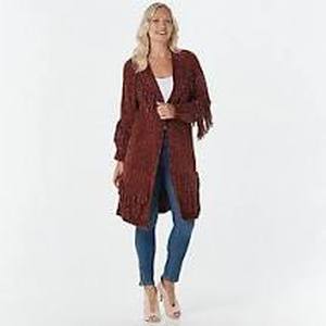 lot 56732 image: G.I.L.I. Open Front Chenille Cardigan with Fringe Detail Rust X- Large