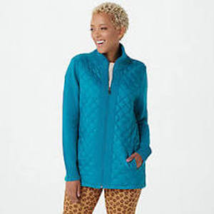 lot 56734 image: Denim & Co. Quilted Woven Front Sweater Jacket Rich Teal - Large