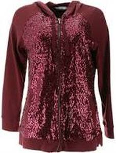 lot 56738 image: Isaac Mizrahi Livel Sequin Zip Front Hoodie with Pockets Mahogany- Small