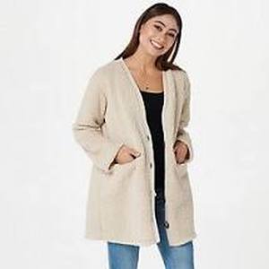 lot 56740 image: Koolaburra by UGG Cozy Sherpa Cardigan Plush with Rib Trim Cream - Large