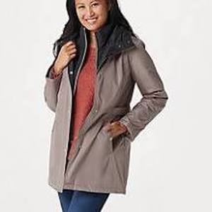 lot 56742 image: Susan Graver Water Resistant Jacket with Contrast Lining Taupe Black Size 2X