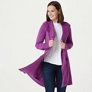 lot 56757 image: Isaac Mizrahi Livel Collar Long Cardigan with Pockets Wild Berry - Medium