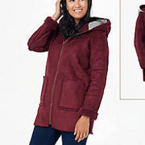 lot 56761 image: Denim & Co. Reversible Faux Suede to Sherpa Zip Front Coat Wine - XL