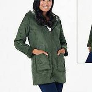 lot 56762 image: Denim & Co. Reversible Faux Suede to Sherpa Zip Front Coat Dark Olive- XL