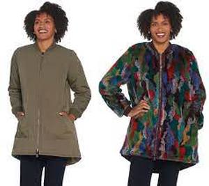 lot 56763 image: LOGO by Lori Goldstein Reversible Faux Fur & Quilted Coat Dark Camo Green - 2X