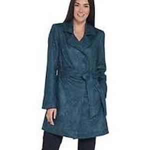 lot 56764 image: Dennis Basso Printed Faux Suede Belted Trench Coat Slate X- Small