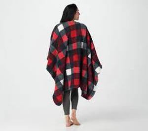 lot 56767 image: Berkshire Blanket Buffalo Plaid Double Sided Sherpa Cape - Red