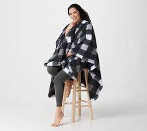 lot 56768 image: Berkshire Blanket Buffalo Plaid Double Sided Sherpa Cape - BlackWhite
