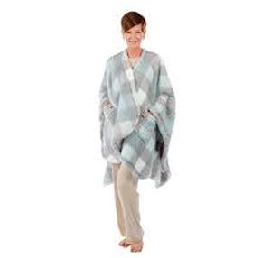 lot 56769 image: Berkshire Blanket Buffalo Plaid Double Sided Sherpa Cape - Pastel Green Grey