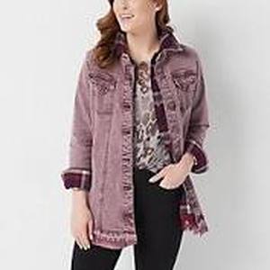 lot 56801 image: LOGO By Lori Goldstein Button Front Denim Jacket w Released H (Vintage Mauve, Reg 8)