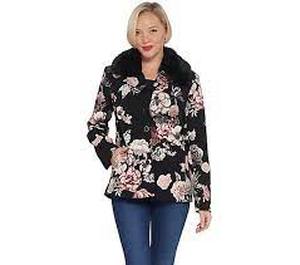 lot 56805 image: Dennis Basso Printed Luxe Crepe Jacket with Faux Fur Collar (BlackNeutral, Reg 14)