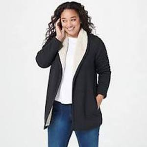 lot 56806 image: Koolaburra by UGG French Terry Cardigan with Sherpa Lining (Black, X-Large)
