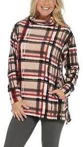 lot 56815 image: Cuddl Duds Fleecewear Stretch Mock Neck Pullover Top (Oatmeal Plaid, X-Large)