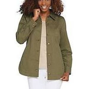 lot 56819 image: Denim & Co. Button Front Long-Sleeve Utility Shirt Jacket (Deep Olive, X-Large)