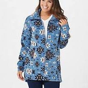 lot 56822 image: Denim & Co. Printed Fleece Long-Sleeve Jacket with Pockets (Rich Jade, Medium)