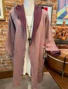 lot 56825 image: Denim & Co. Double Knit Long-Sleeve Open Front Hooded Ca (Heather Rose Brown, Medium)