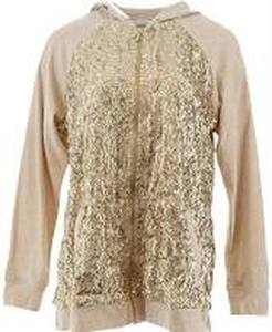 lot 56827 image: Isaac Mizrahi Live Sequin Zip Front Hoodie with Pockets (Heather Oatmeal, XX-Small)