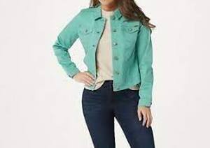 lot 56829 image: Isaac Mizrahi Live TRUE DENIM Jean Jacket Denim Jacket (Jasmine Tea, Reg 4)