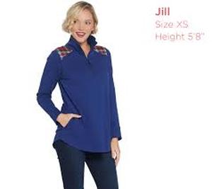lot 56832 image: Denim & Co. Active French Terry Half Zip Tunic with Pockets (Bright Navy, Large)