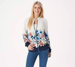 lot 56833 image: Susan Graver Solid & Printed Liquid Knit Bomber Jacket (SapphireCoral, Size 2X)